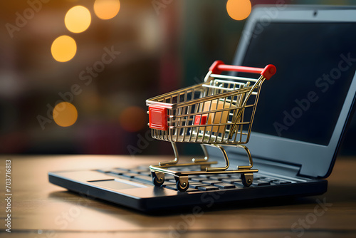 Online store. Laptop, small shopping cart