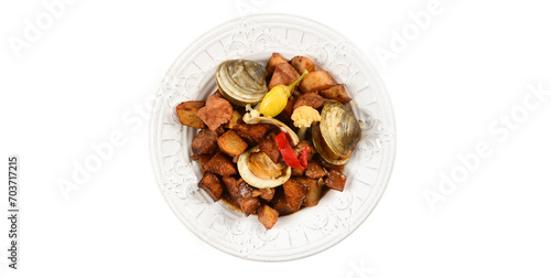 Carne de porco à Alentejana, Portuguese food Served food is placed on a plate on a white background