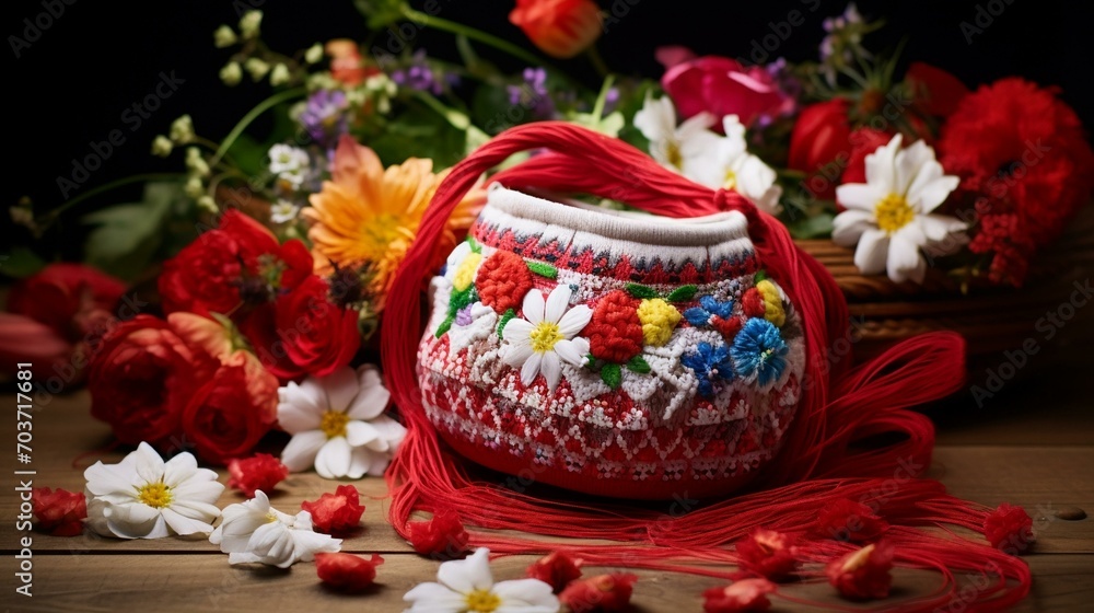 Naklejka premium Spring background with white blossom and Bulgarian symbol of spring