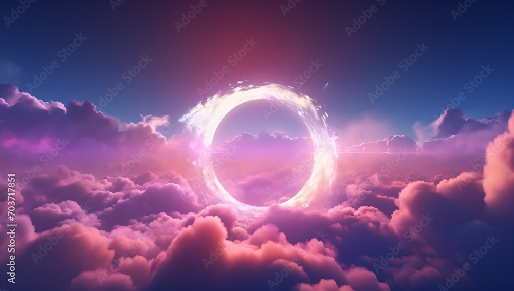 Interstellar cloudscape with a glowing circular portal - obrazy, fototapety, plakaty 