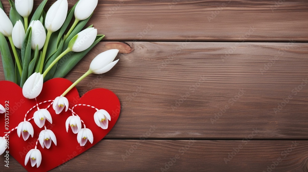 Bouquet of snowdrops and red white hearts on a wooden background Bouquet of snowdrops and red white hearts on a wooden background
