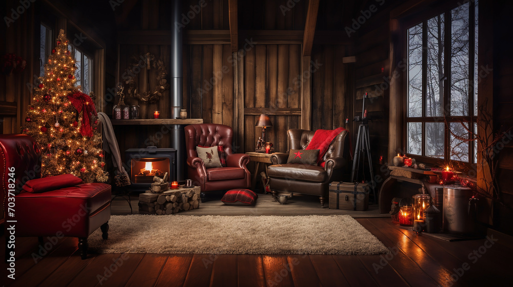 Naklejka premium Cozy winter living room with Christmas tree and fireplace. Christmas and New Year concept