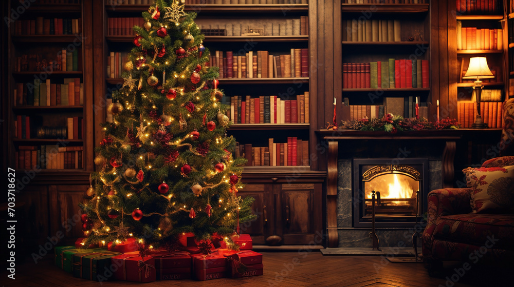 Cozy winter living room with Christmas tree and fireplace. Christmas and New Year concept