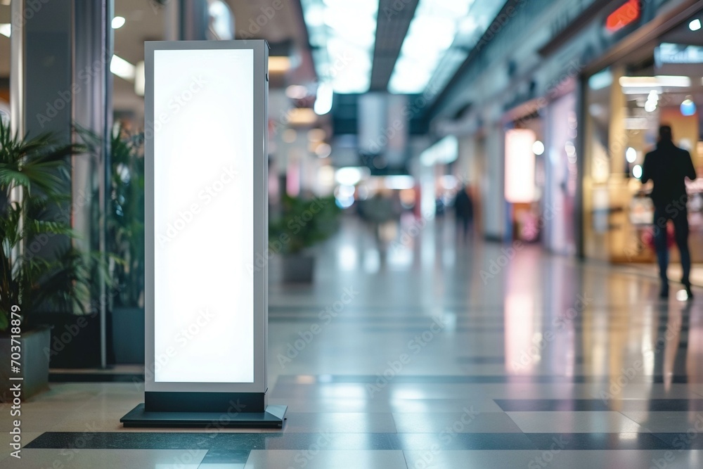 roll up mockup poster stand in an shopping center or mall environment as wide banner