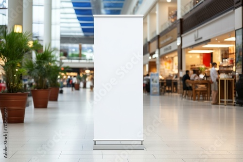 roll up mockup poster stand in an shopping center or mall environment as wide banner