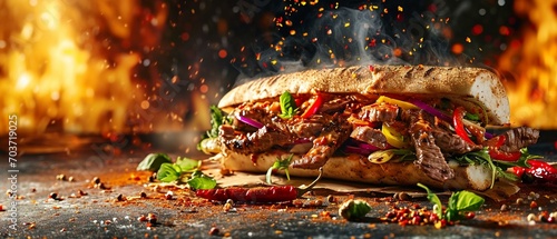 fresh grilled beef turkish shawarma doner sandwich with flying ingredients and spices photo