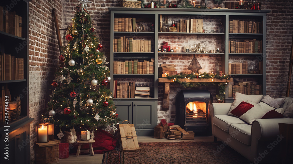 Cozy winter living room with Christmas tree and fireplace. Christmas and New Year concept