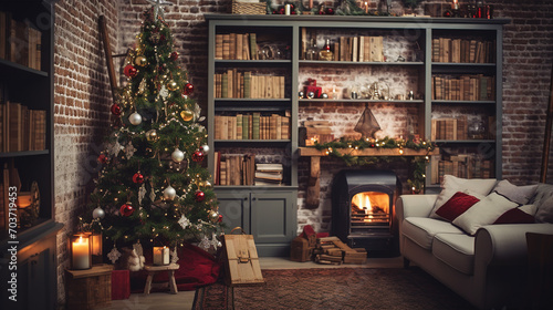 Cozy winter living room with Christmas tree and fireplace. Christmas and New Year concept