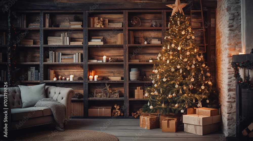 Cozy winter living room with Christmas tree. Christmas and New Year concept