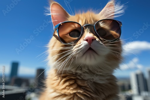Funny cute cat against the blue sky in summer looks at the camera. Vacation concept