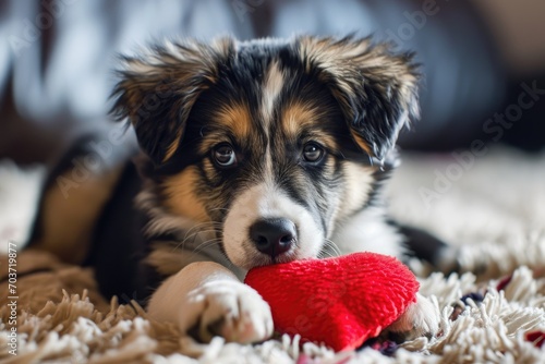 Puppy with plush sof red heart Lover Valentine puppy dog with a red heart photo