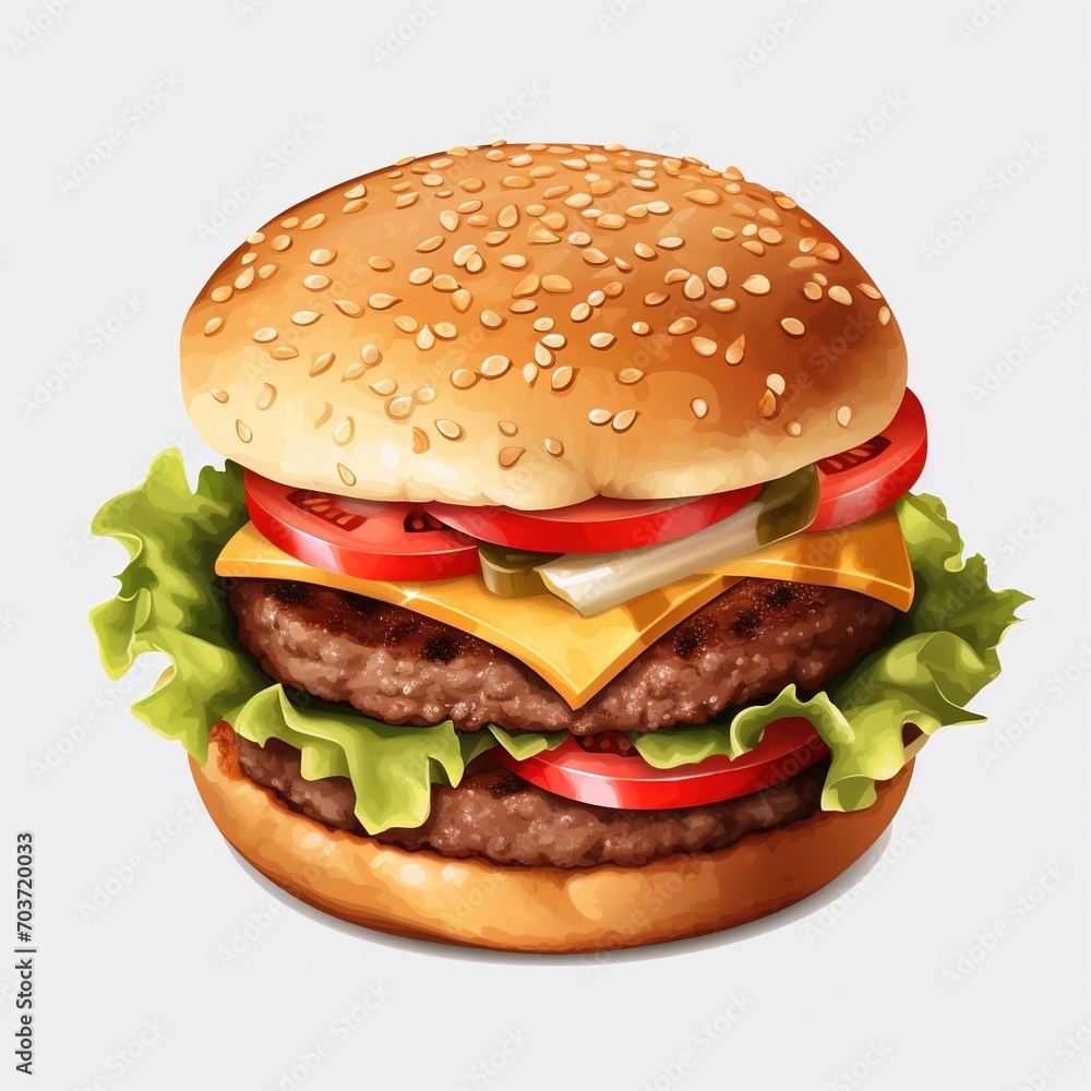 A cheeseburger with lettuce, tomato, and pickles A cheeseburger with lettuce, tomato, and pickles