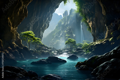 Scenery of a dark cave deep in the mountains