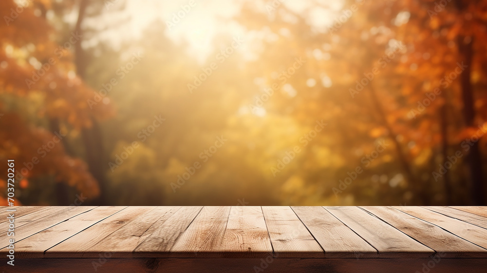 empty old rustic wood plank table top with blur forest