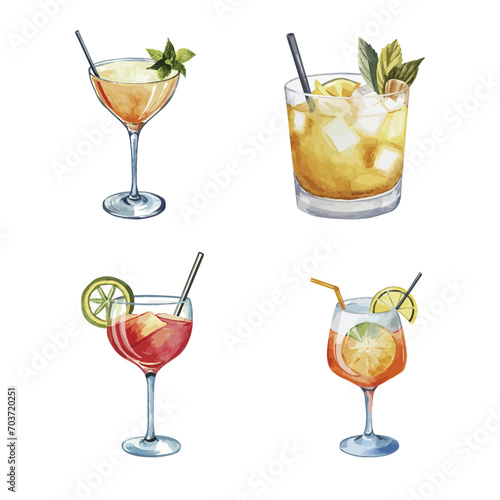 set of watercolor cocktail on white background, illustration