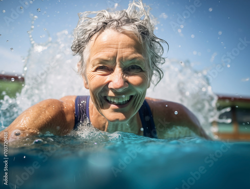 Active senior woman enjoying aqua fit class in a pool. The concept of active life in old age © Artem81