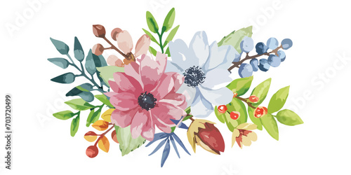 watercolor floral collection with multicolored flowers  leaves  branches  berries on white background