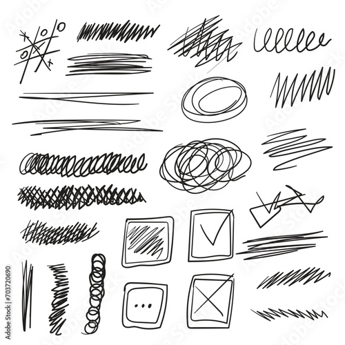 Vector set of scribbles, strikethroughs, lines and shapes. Doodle illustration hand drawn in sloppy style