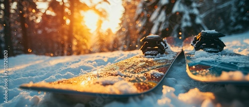 group of snowboards with snow forest backbanner