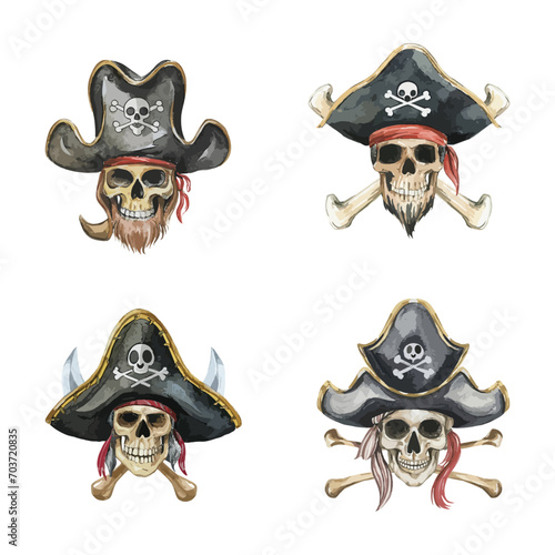 set of watercolor pirate with hat on white background, illustration