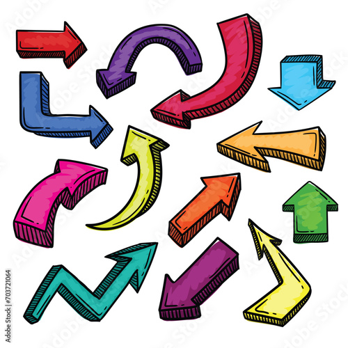 Set of bright multi-colored vector volumetric doodle arrows hand-drawn in different directions