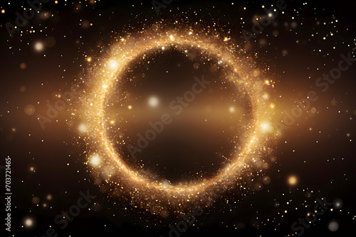 Gold glitter circle of light shine sparkles and golden spark particles in circle frame on black background. Christmas magic stars glow, firework confetti of glittery ring shimmer	