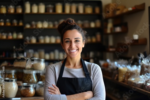 Happy and Approachable Saleswoman Assisting Customers with a Smile at the Supermarket