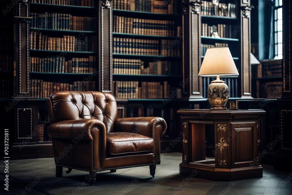 Reading Room Or Library Interior With Leather Armchair, Bookshelf And Floor Lamp Reading Room Or Library Interior With Leather Armchair, Bookshelf And Floor Lamp