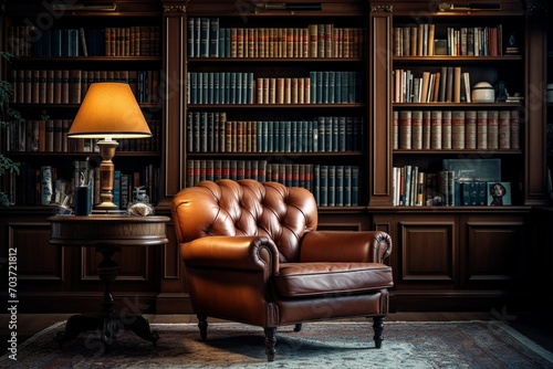 Reading Room Or Library Interior With Leather Armchair, Bookshelf And Floor Lamp © Asad