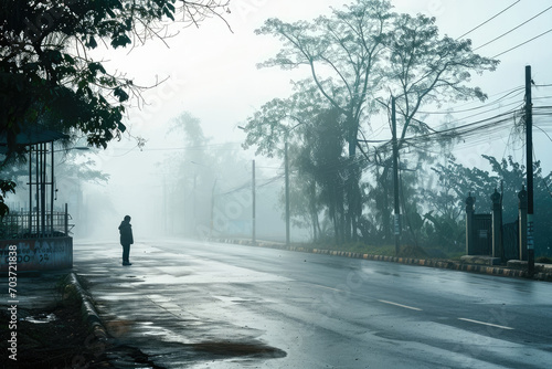 An early morning image of a person walking down a foggy street surrounded by trees and an aura of tranquility.