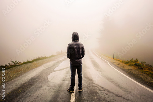 A lone man stands on a foggy road facing into the mist, depicting a sense of mystery and contemplation about the journey ahead.