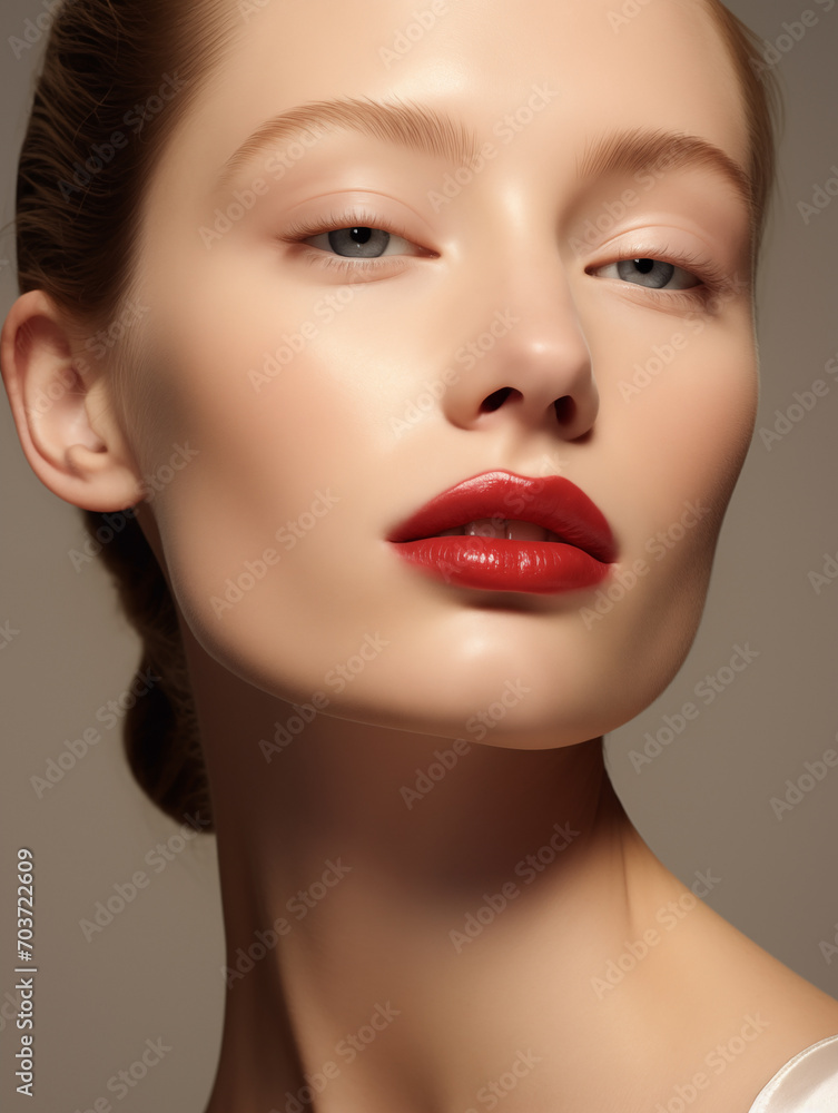 Beautiful young woman with blue eyes and red lipstick. Natural beauty close-up of a top model with glowing healthy skin Beautiful young woman with blue eyes and red lipstick. Natural beauty close-up of a top model with glowing healthy skin