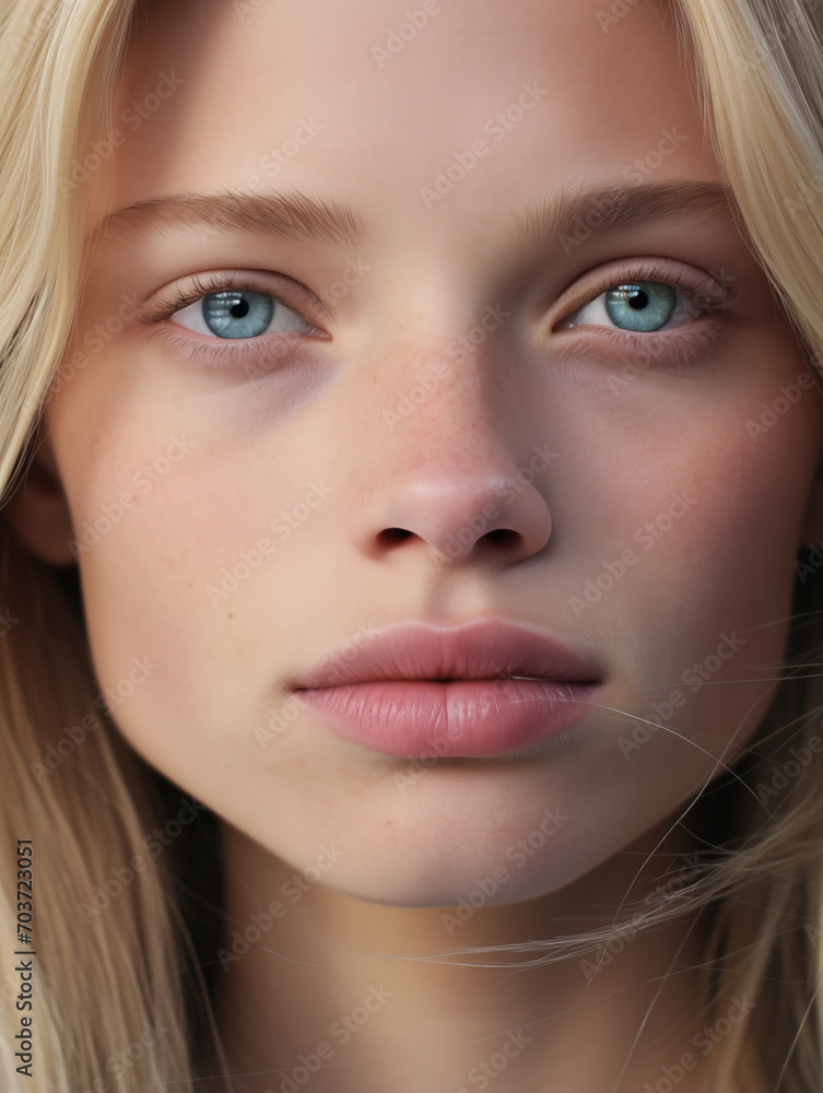 Beautiful young woman with blond hair and blue eyes. Natural beauty close-up of a top model with glowing healthy skin Beautiful young woman with blond hair and blue eyes. Natural beauty close-up of a top model with glowing healthy skin