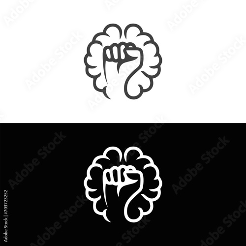 Brain power, willpower, strong mind concept, raised hand fish with brain. Vector icon logo template