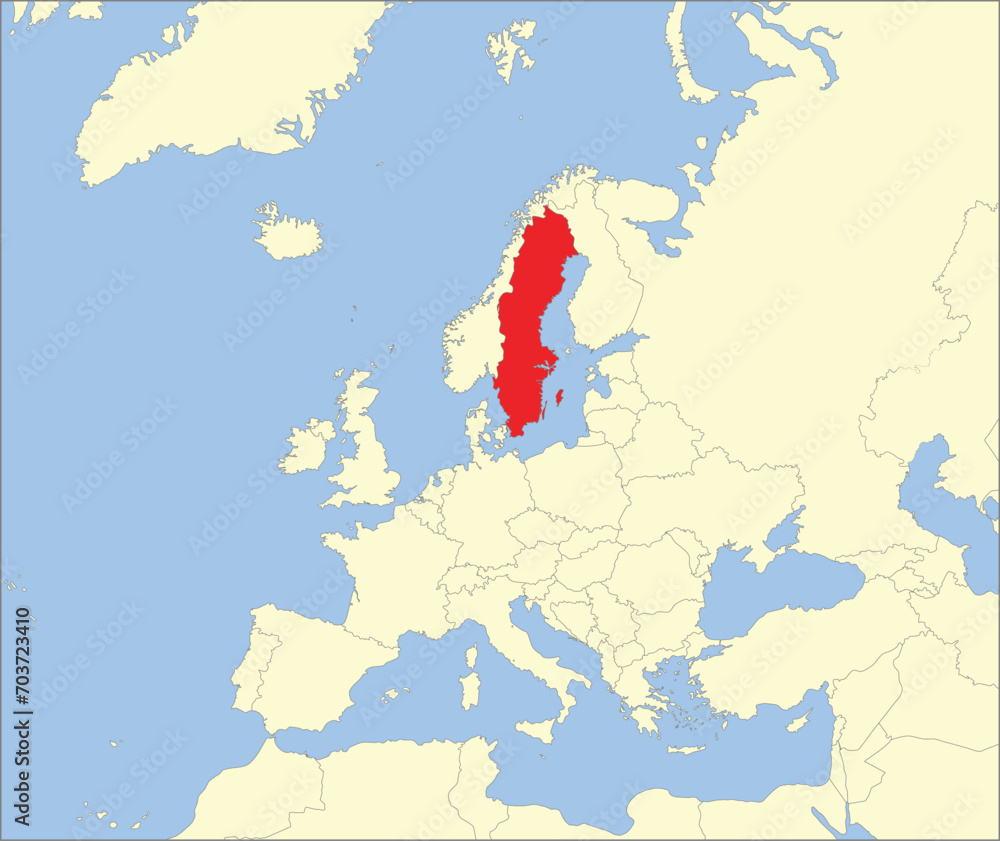 Obraz premium Red CMYK national map of SWEDEN inside detailed beige blank political map of European continent on blue background using Mollweide projection
