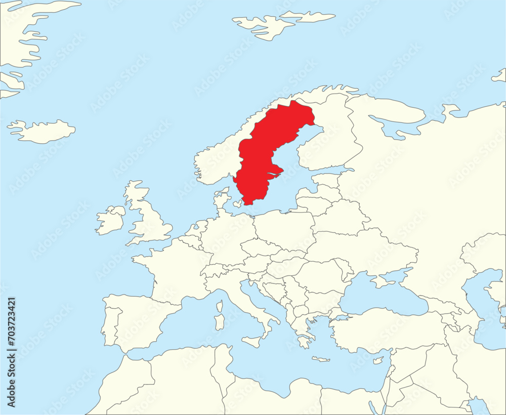 Obraz premium Red CMYK national map of SWEDEN inside simplified beige blank political map of European continent on blue background using Winkel Tripel projection