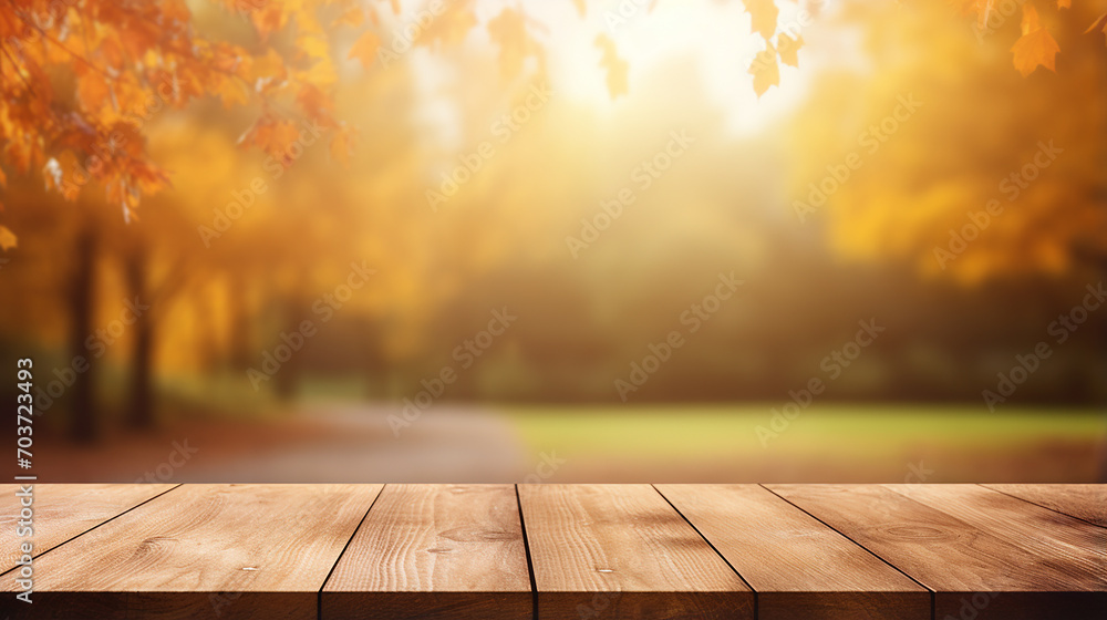 beautiful autumn background with empty old rustic wood table with blurred background beautiful autumn background with empty old rustic wood table with blurred background