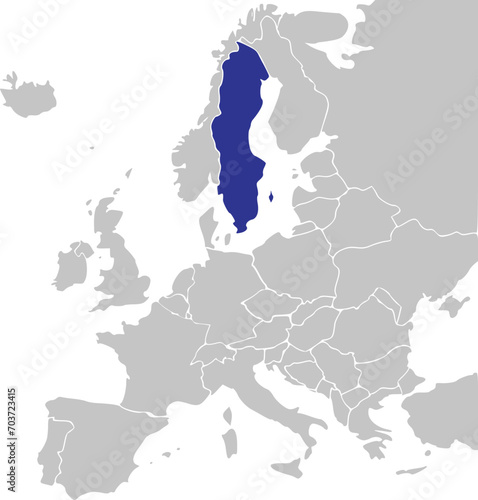 Blue CMYK national map of SWEDEN inside simplified gray blank political map of European continent on transparent background using Mercator projection