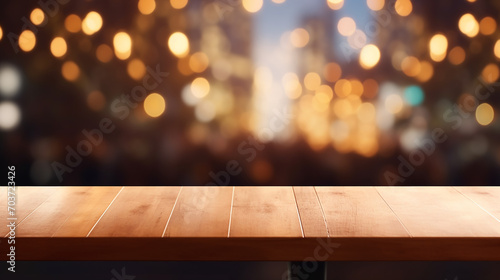 Wooden top table with bokeh light effect. 3D Rendering