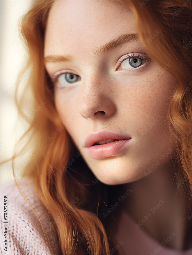 Beautiful young woman with blue eyes, ginger hair, freckles, skin details. Natural beauty close-up of a top model. Advertising of cosmetics, perfumes Beautiful young woman with blue eyes, ginger hair, freckles, skin details. Natural beauty close-up of a top model. Advertising of cosmetics, perfumes