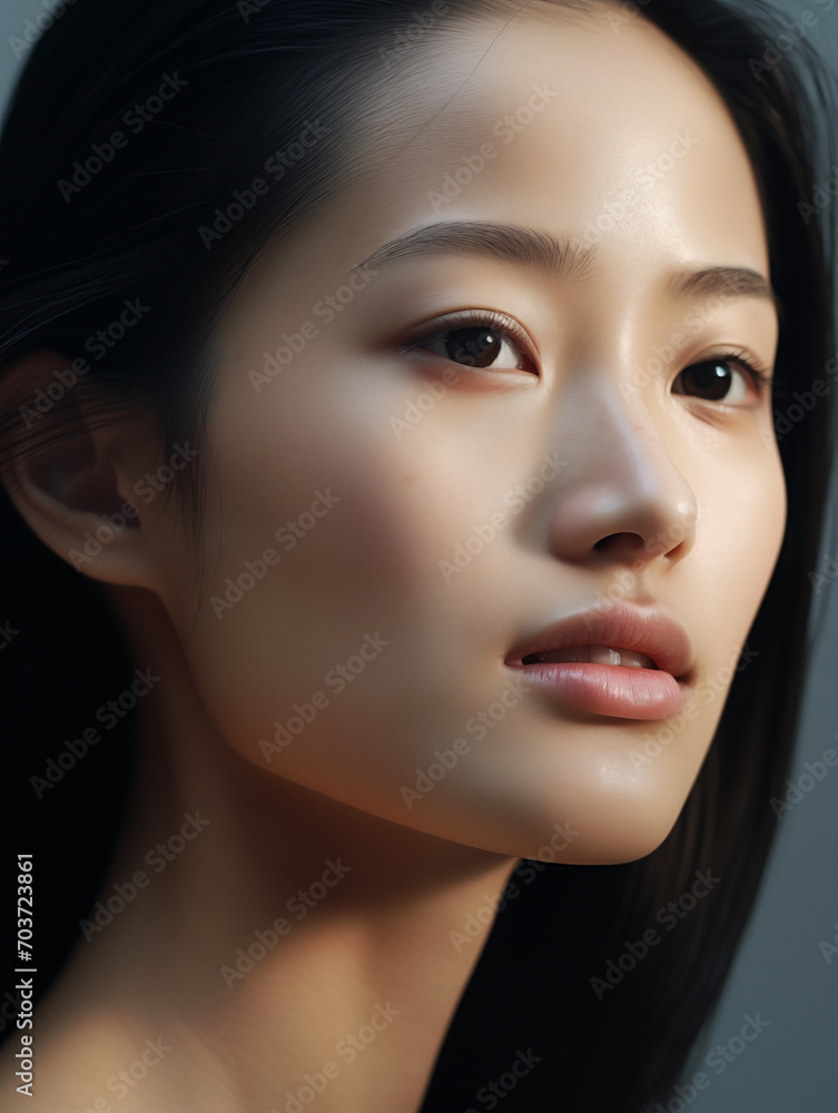 Beautiful young Asian woman with glowing healthy skin close-up. Natural beauty of a cute model. Advertising of cosmetics, perfumes Beautiful young Asian woman with glowing healthy skin close-up. Natural beauty of a cute model. Advertising of cosmetics, perfumes