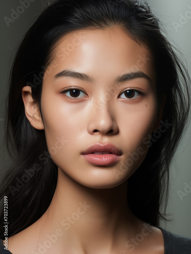 Beautiful young Asian woman with glowing healthy skin close-up. Natural beauty of a cute model. Advertising of cosmetics, perfumes