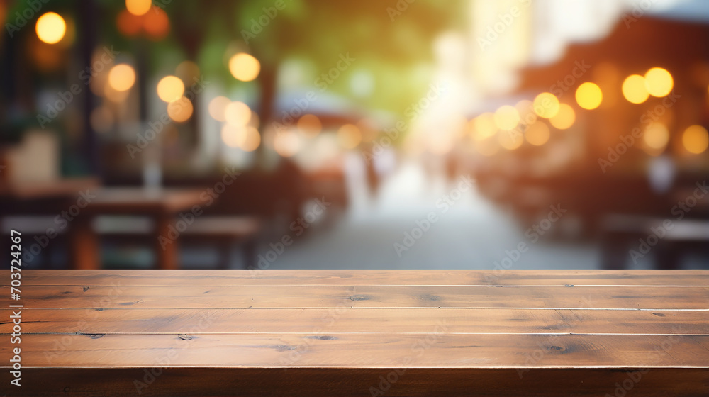 empty wood table in front of blur coffee shop restaurant with blurred light background