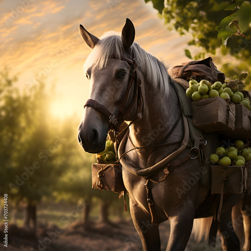 Pack horse carrying apples in an orchard with sunset. Concept of food transportation, logistics and cargo. © linda_vostrovska