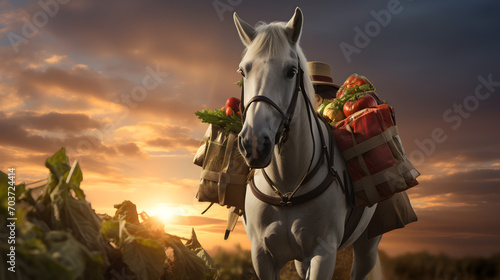 Pack horse carrying vegetables in a field with sunset. Concept of food transportation, logistics and cargo.