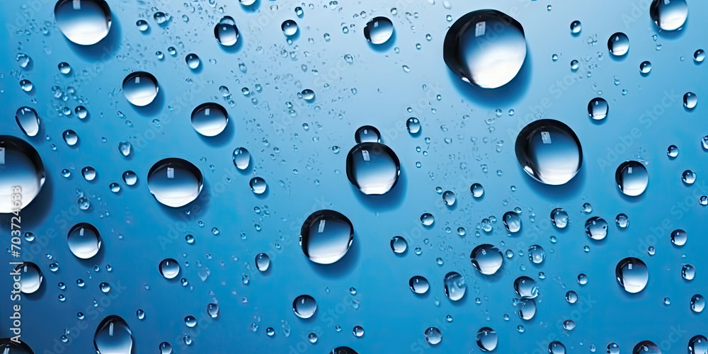 Rain drop on blue background, a close up of water droplets on a white surface , Water Drops on a Window,  depicts rain droplets on glass..for nature, weather, and environmental designs.