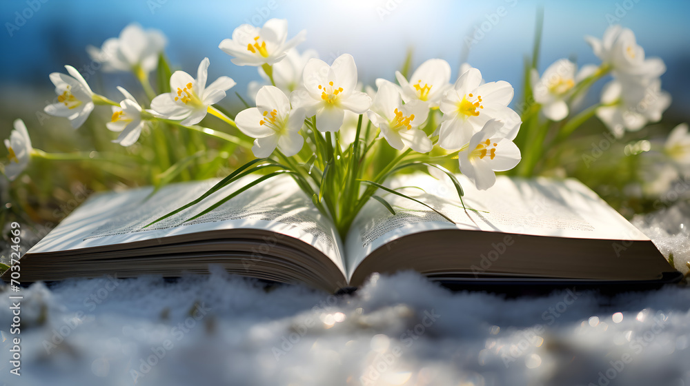 Opened book with growing spring flowers on a meadow with grass growing through the melting snow. Concept of spring coming and winter leaving, education, knowledge and learning. - obrazy, fototapety, plakaty 