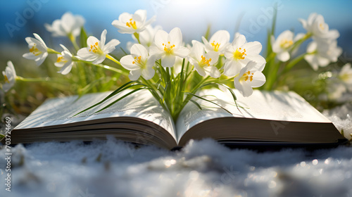Opened book with growing spring flowers on a meadow with grass growing through the melting snow. Concept of spring coming and winter leaving, education, knowledge and learning.