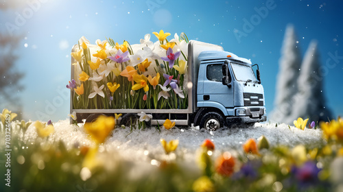 Vintage truck with spring flowers on a meadow with grass and flowers growing through the melting snow. Concept of spring coming and winter leaving.