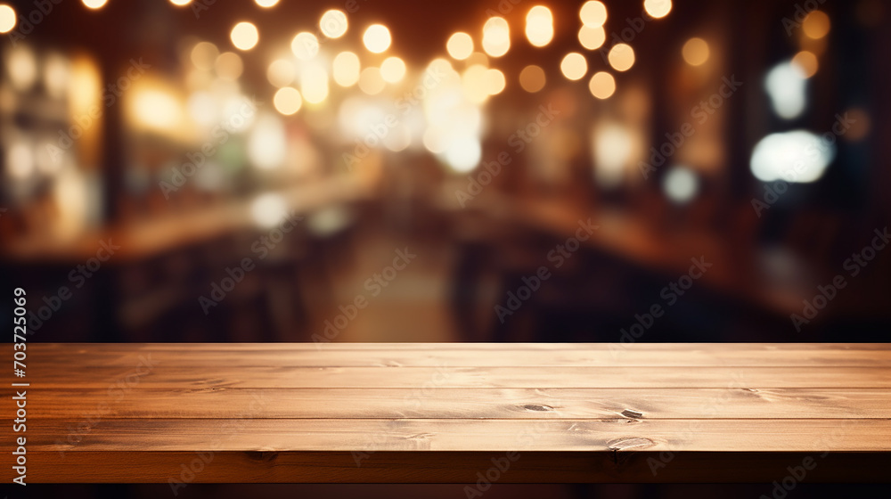 Empty wooden table top with blurred coffee shop with blurred lights background